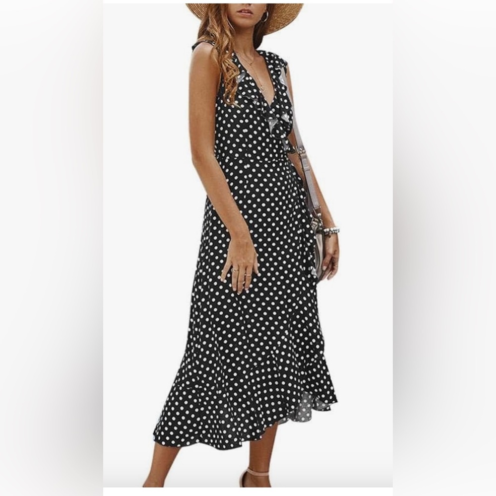 Women’s Sz M.Boho Polka Dot Summer V Neck Wrap Slit Flowy Beach Long Maxi Dress.